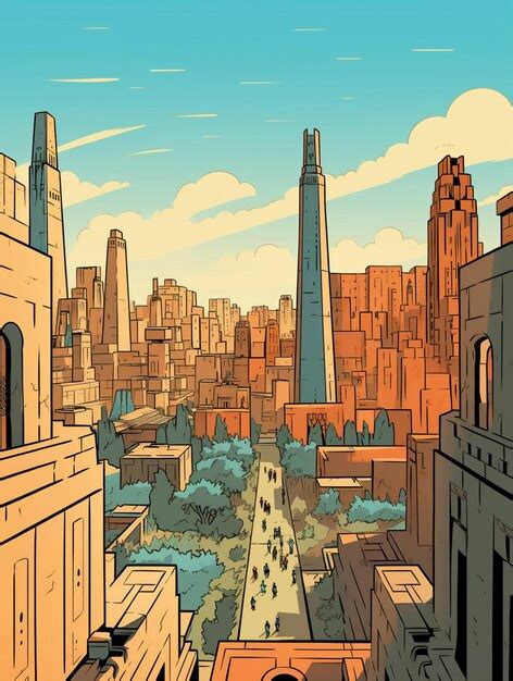 Paisaje Urbano De Dibujos Animados Con Vistas A Una Gran Ciudad Con