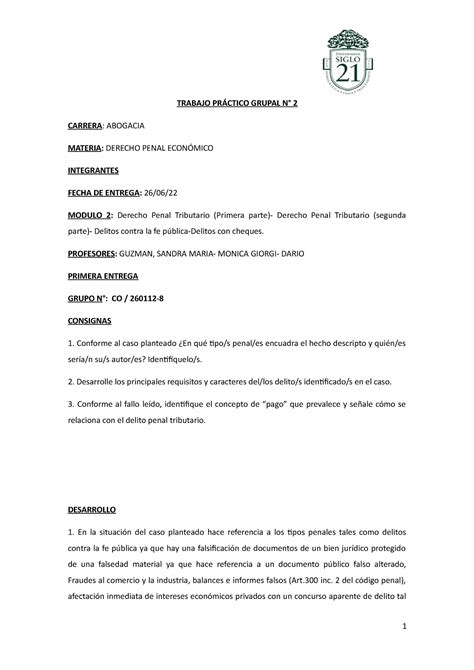 Tp N Grupal D Penal Economico Trabajo Pr Ctico Grupal N