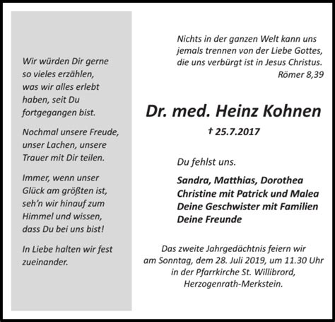 Traueranzeigen Von Dr Med Heinz Kohnen Aachen Gedenkt