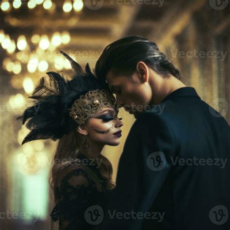 Elegant couple wearing Venetian masks at a masquerade ball, evoking the ...