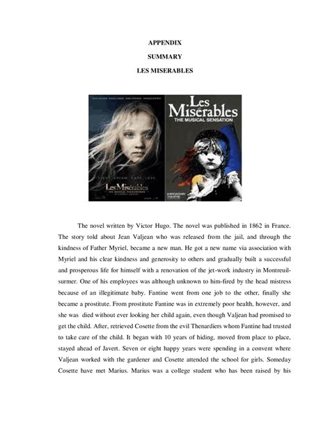 APPENDIX SUMMARY LES MISERABLES The novel written ... | Exams Law | Docsity