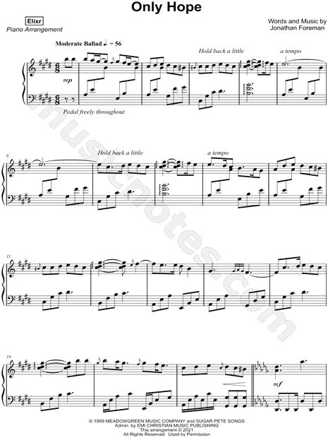 Elixr Only Hope Sheet Music Piano Solo In E Major Download And Print Sku Mn0230919