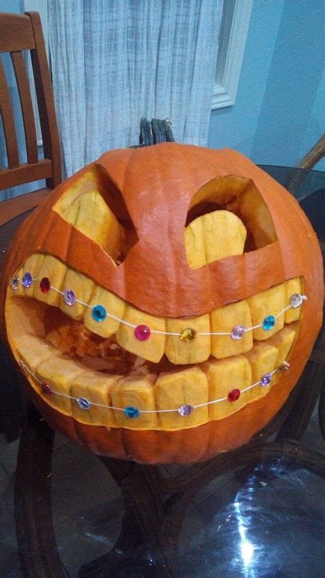 Halloween Pumpkin With Braces Creative Pumpkin Carving Pumpkin Decorating Diy Easy Pumpkin