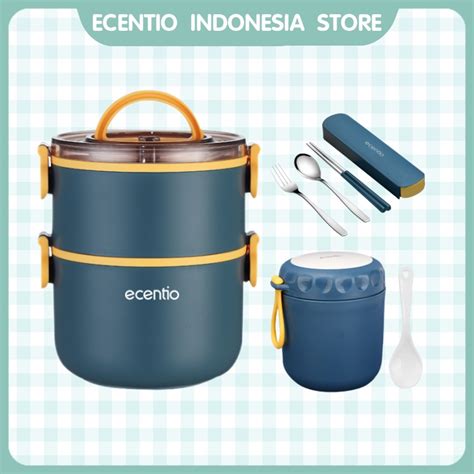 Jual Ecentio 2 Susun Lunch Box Set Cangkir Sup Kotak Makan Anti Tumpah