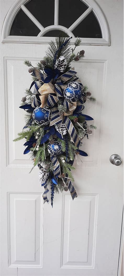 Blue Christmas Wreath Gold/blue Christmas Wreath Christmas - Etsy