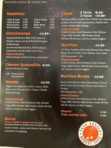 Online Menu of Taco Zocalo Restaurant, Chantilly, Virginia, 20151 - Zmenu