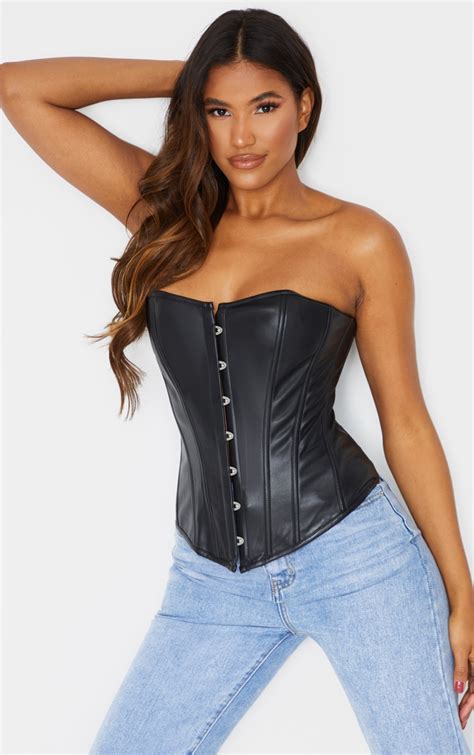 Black Pu Lace Up Corset Tops Prettylittlething Usa