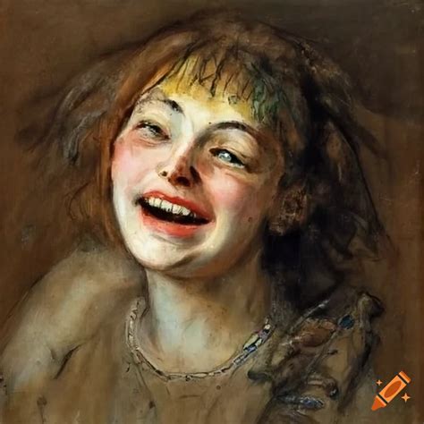 Colorful Charcoal Portrait Of A Laughing Woman With Messy Hair On Craiyon