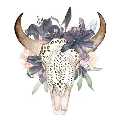 Watercolor Skull With Antlers In Flowers Hand Painted Ornament