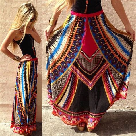 Boho Print High Waist Pleated Summer Beach Long Maxi Skirt Casual Dress