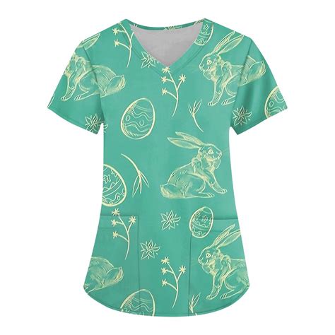 Knosfe Womens Easter Scrubs Easter Day Egg Short Sleeve Womens Plus Size Easter Scrubs Bunny