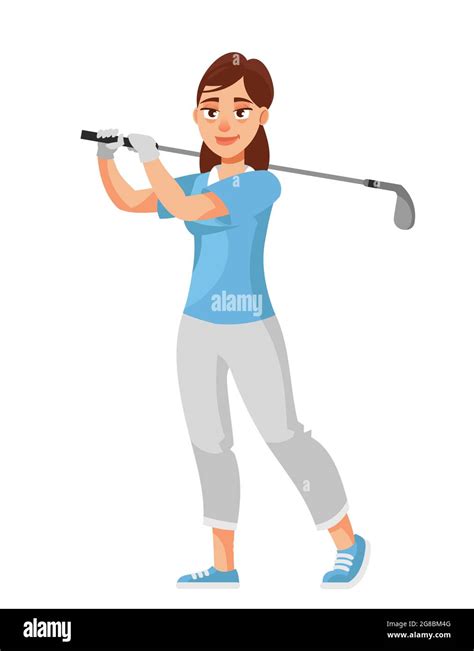 Female Golfer Hitting With Club Sportswoman In Cartoon Style Stock