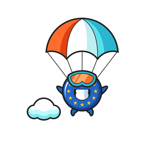 europe flag badge mascot cartoon is skydiving with happy gesture ...