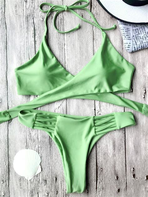 Off Wrap Bikini Top And Thong Bottoms In Green Zaful