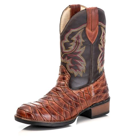 Bota Texana Escamada Masculina Bico Redondo Cowboy Marrom Rodeio Ref