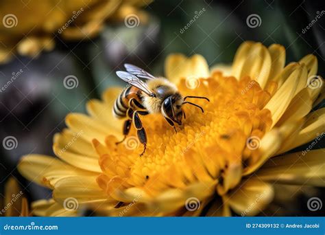 Pollination Process of a Bee Posing on a Yellow Flower. Stock ...