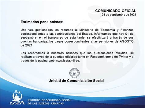 Issfa On Twitter Comunicado Oficial Pago De Pensiones De Agosto