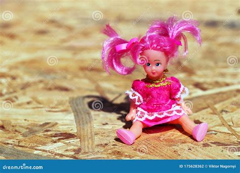 Doll Old Toy Wooden Backgrounds Copy Space Top View Stock Photo