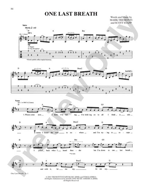 One Last Breath Guitar Creed Digital Sheet Music Download