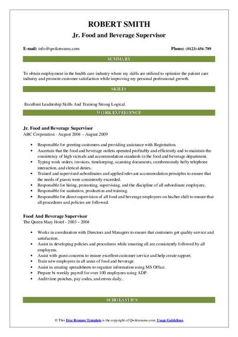 Food And Beverage Supervisor Resume Samples Qwikresume