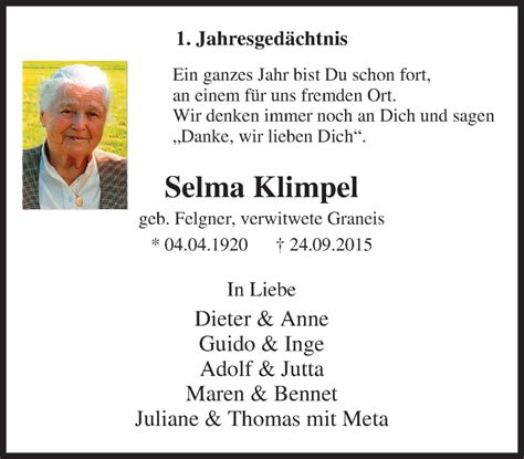 Traueranzeigen Von Selma Klimpel Trauer In Nrw De