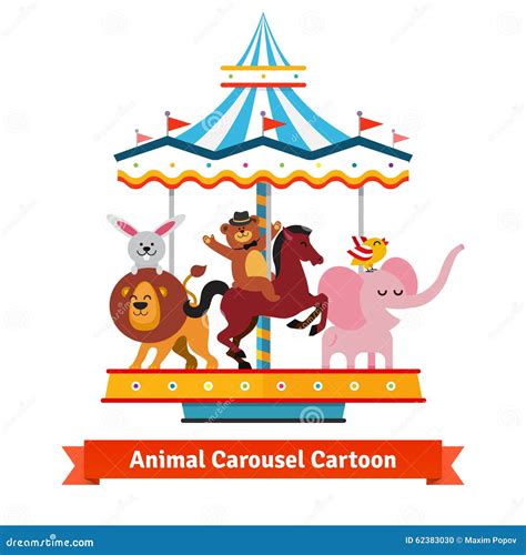 Funny Cartoon Animals Riding On Carnival Carousel Stock Vector Image