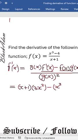 Using Quotient Rule To Find Derivative Of A Function Youtube