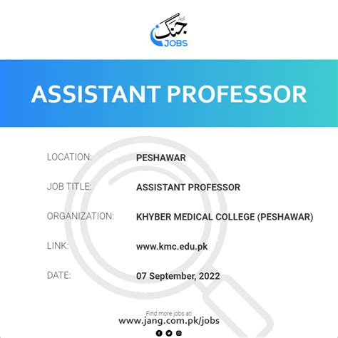 Assistant Professor Job Khyber Medical College Peshawar Jobs In