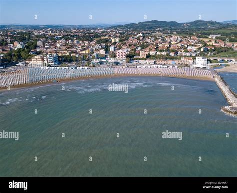 Italy, June 2022; aerial view of Fano with its sea, beaches, port, umbrellas Stock Photo - Alamy