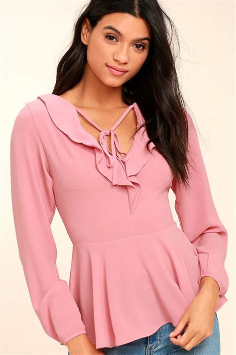 Chic Blush Pink Long Sleeve Top Tie Neck Top Long Sleeve Peplum Top