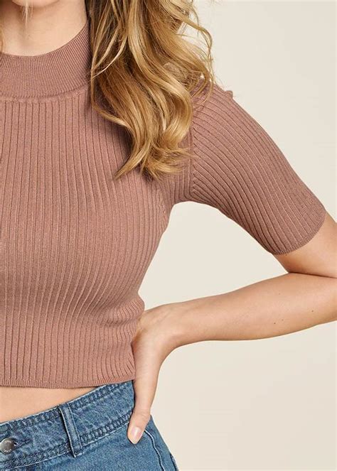 Ribbed Mock Neck Crop Top In Taupe Venus