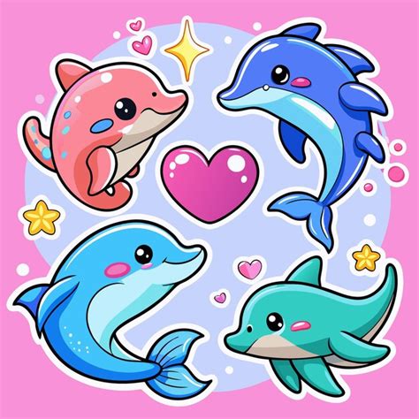 Cute Dolphin Stickers with Hearts and Stars | Premium AI-generated vector