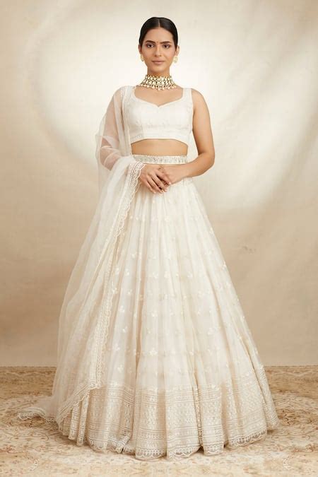 Buy White Organza Embroidered Floral V Neck Bridal Lehenga Set For