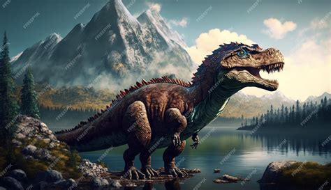 Premium AI Image | A dinosaur with a mountain in the background