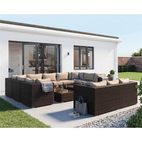 Geneva Rattan Garden Corner Sofa Set In Brown With Coffee Tables