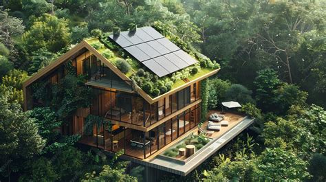 modern sustainable house   green roof  solar panels nestled