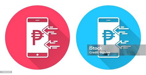 스마트폰으로 페소를 받습니다 빨간색 또는 파란색 배경에 긴 그림자가 있는 둥근 아이콘 0명에 대한 스톡 벡터 아트 및 기타