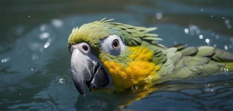 Premium AI Image | A green and yellow parrot is swimming in the water.