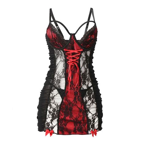 Wreesh Womens Lingerie Set Contrast Suspender Lace Cut Out Pajama Dress