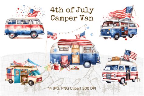 Usa Flag Camper Van Watercolor Clip Art Graphic By Sistadesign