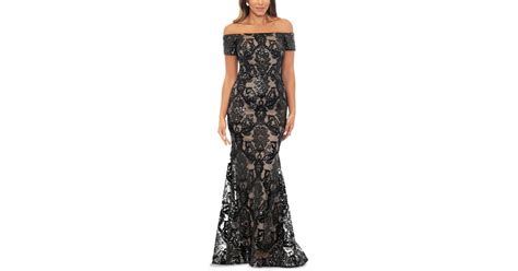 Xscape Sequined Mesh Off The Shoulder Gown In Black Lyst