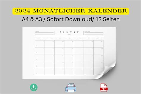 Druckbarer Kalender 2024 Eleganter Druckbarer Planner Wochen