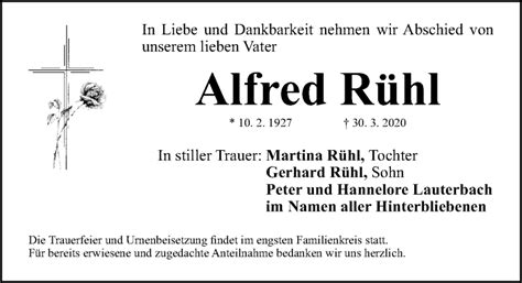 Traueranzeigen Von Alfred R Hl Trauer Nn De