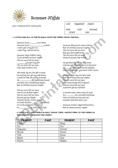 English Worksheets Summer Nights Song