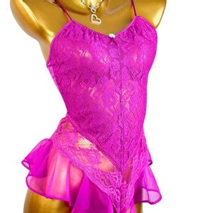 Vintage S Teddy Lingerie Lacy Pink Frilly Sheer Ruffle Etsy