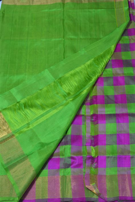 Tvis And Bliss Pink And Green Checks Uppada Silk Saree