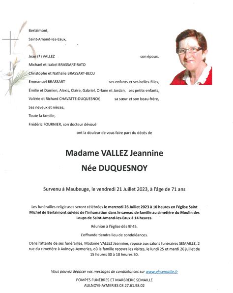 Avis de décès de Jeannine VALLEZ Pompes funèbres Semaille