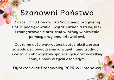 Życzenia z okazji Dnia Pracownika Socjalnego PCPR Limanowa