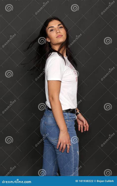 Beautiful Caucasian Hipster Brunette Girl Posing In Studio On Isolated Background Trends Style