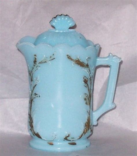 Vintage Blue Milk Glass Covered Creamer Syrup By Patternmania